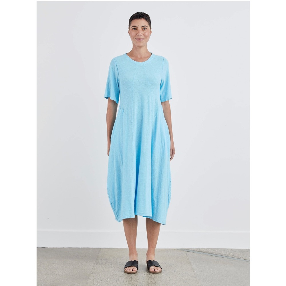 Cut Loose Linen Cotton Blend Seamed Midi‎ Lagenlook Dress in Poolside M